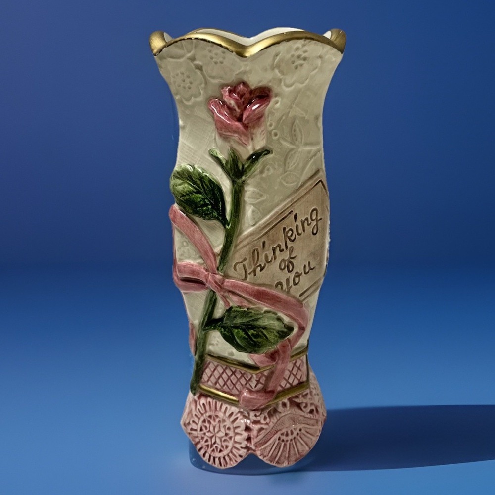 Omnibus by Fitz and Floyd Thinking of You Rose Bud Vase Ceramic Pink Gold 6 inch